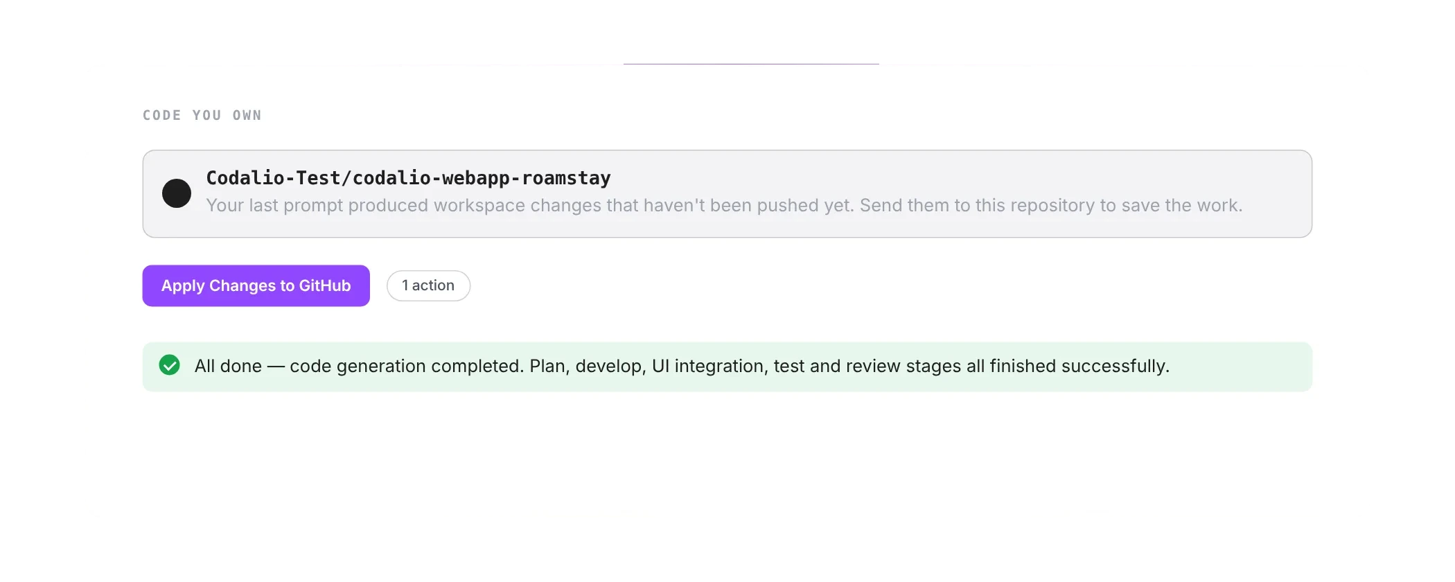 Codalio apply-changes-to-GitHub panel for a generated site