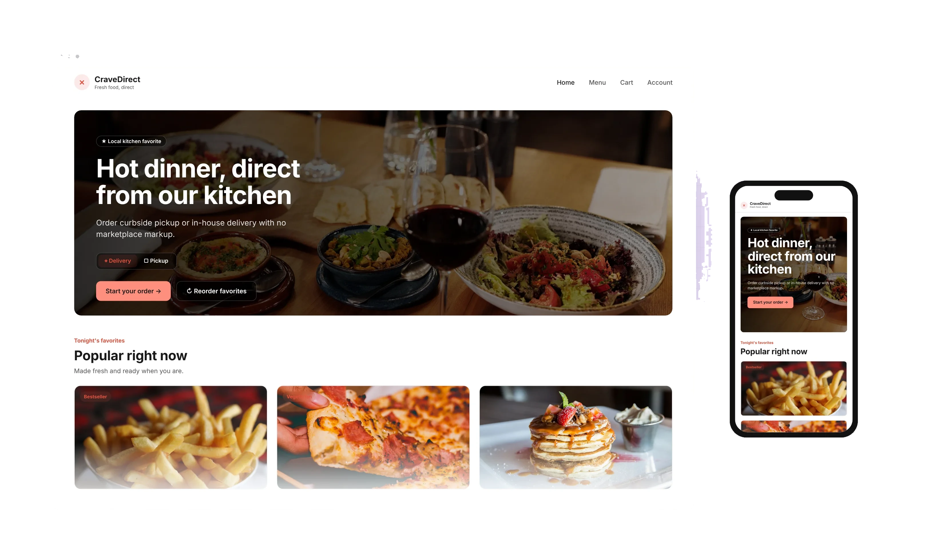 CraveDirect restaurant site on desktop and phone, generated in Codalio
